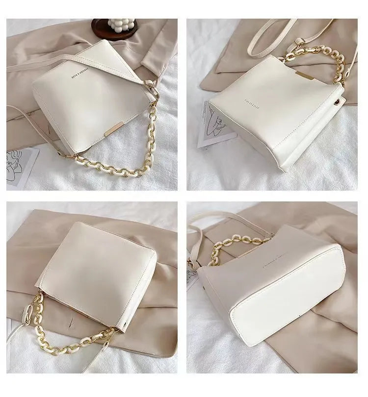Trendy PU Leather Handbag with Gold Chain – Adjustable Shoulder Bag, Plain Solid Colors