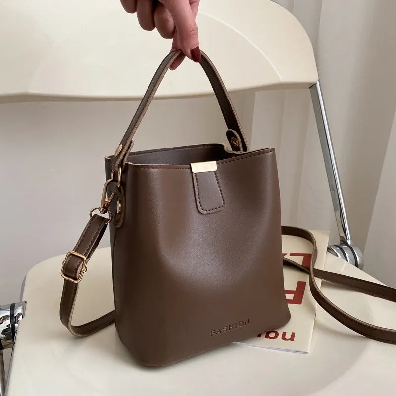 Trendy PU Leather Bucket Bag – Minimalist Shoulder, Crossbody & Handbag | Solid Color, Large Capacity