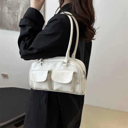 PU Leather Shoulder Handbag – Luxe Gloss Finish & Dual Front Pockets