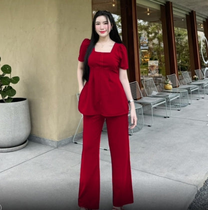 Elegant Wool Wave Co-ord Set for Women – Square Neck Long Top with Side Slits & Pocket Pants