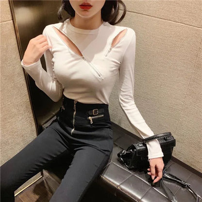 Edgy Women’s Long Sleeve Zipper Cutout Top | Slim Fit Striped Hollow Blouse | Party & Casual Streetwear