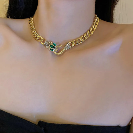 Snake Chain Necklace for Women – Gold-Tone Alloy, Faux Diamond Crystal Choker, Statement Collar Jewelry