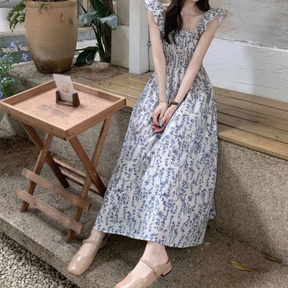 Blue Floral Ruffle Strap Cotton Maxi Dress – Casual Prairie Chic Style