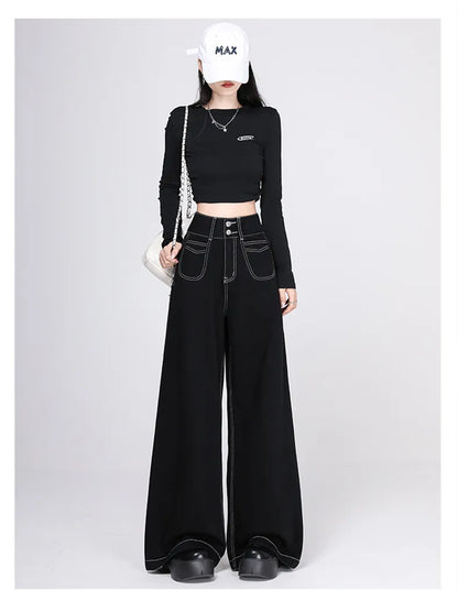 High Waist Black Wide-Leg Denim Jeans – Plus Size, Loose Fit, Y2K Street Style Pants