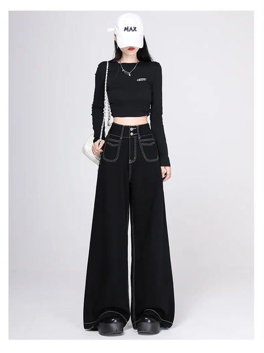 High Waist Black Wide-Leg Denim Jeans – Plus Size, Loose Fit, Y2K Street Style Pants