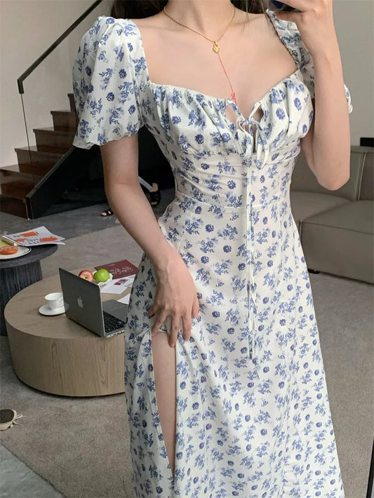 French Blue Floral Off-Shoulder Midi Dress – Puff Sleeves, Empire Waist, Cottagecore Summer Vibe