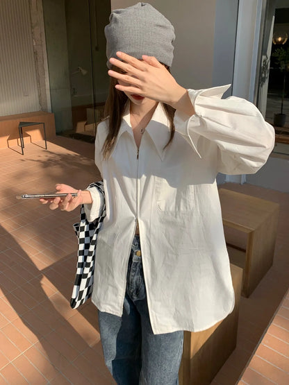 Korean Style Oversized Zipper Shirt for Women | Long Sleeve Minimalist Lapel Top | Trendy Look