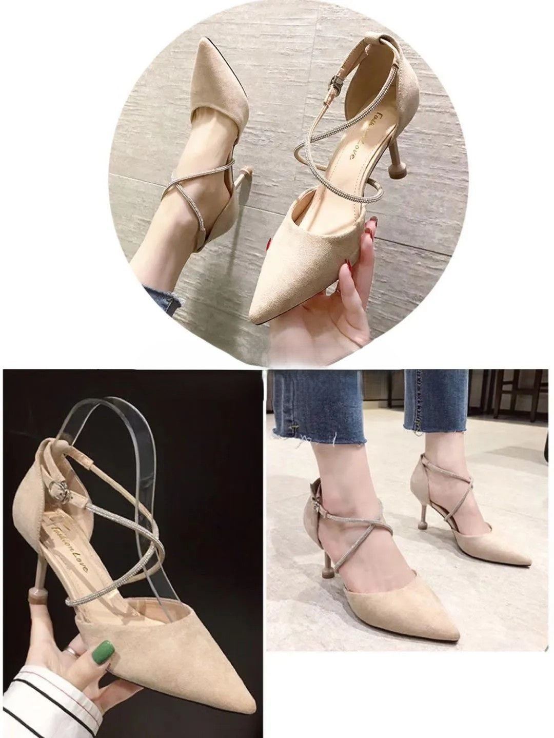 Pointed Toe Diamond Strap Stiletto Heels – Elegant 3-Inch Slip-On Pumps for Women