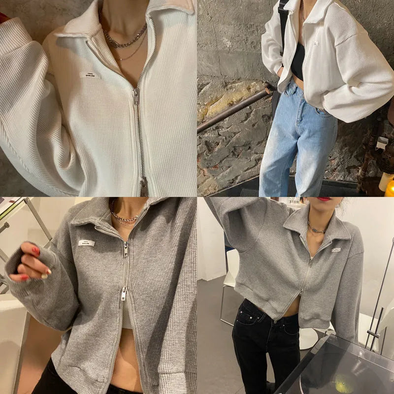 Waffle Knit Zipper Cardigan
