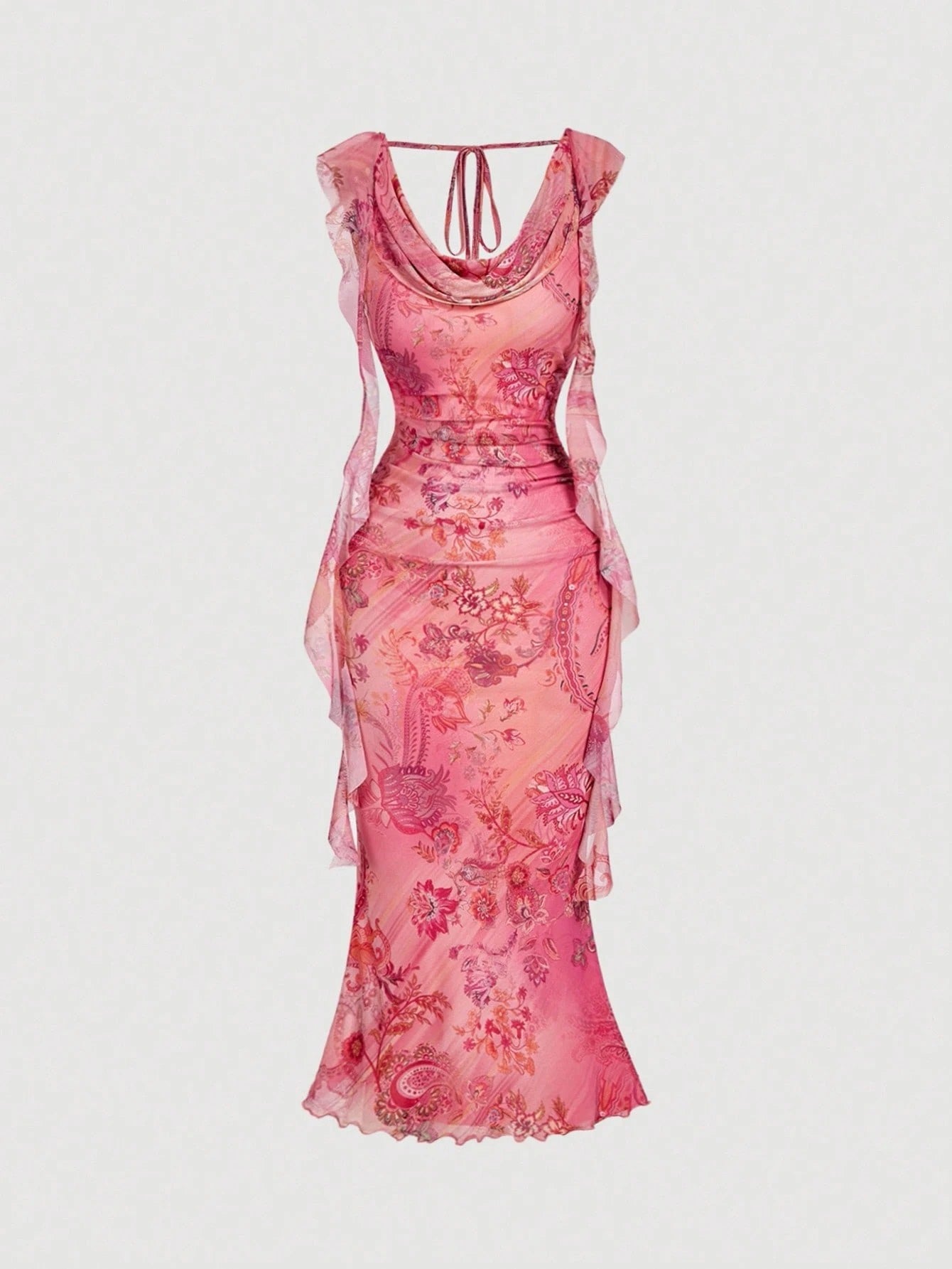 Fashzeo women's pink floral print midi dress with cowl neck, backless ruched design and ruffle trim detailing.