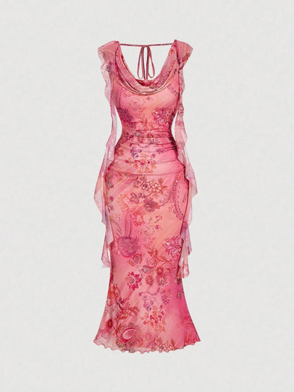 Fashzeo women's pink floral print midi dress with cowl neck, backless ruched design and ruffle trim detailing.