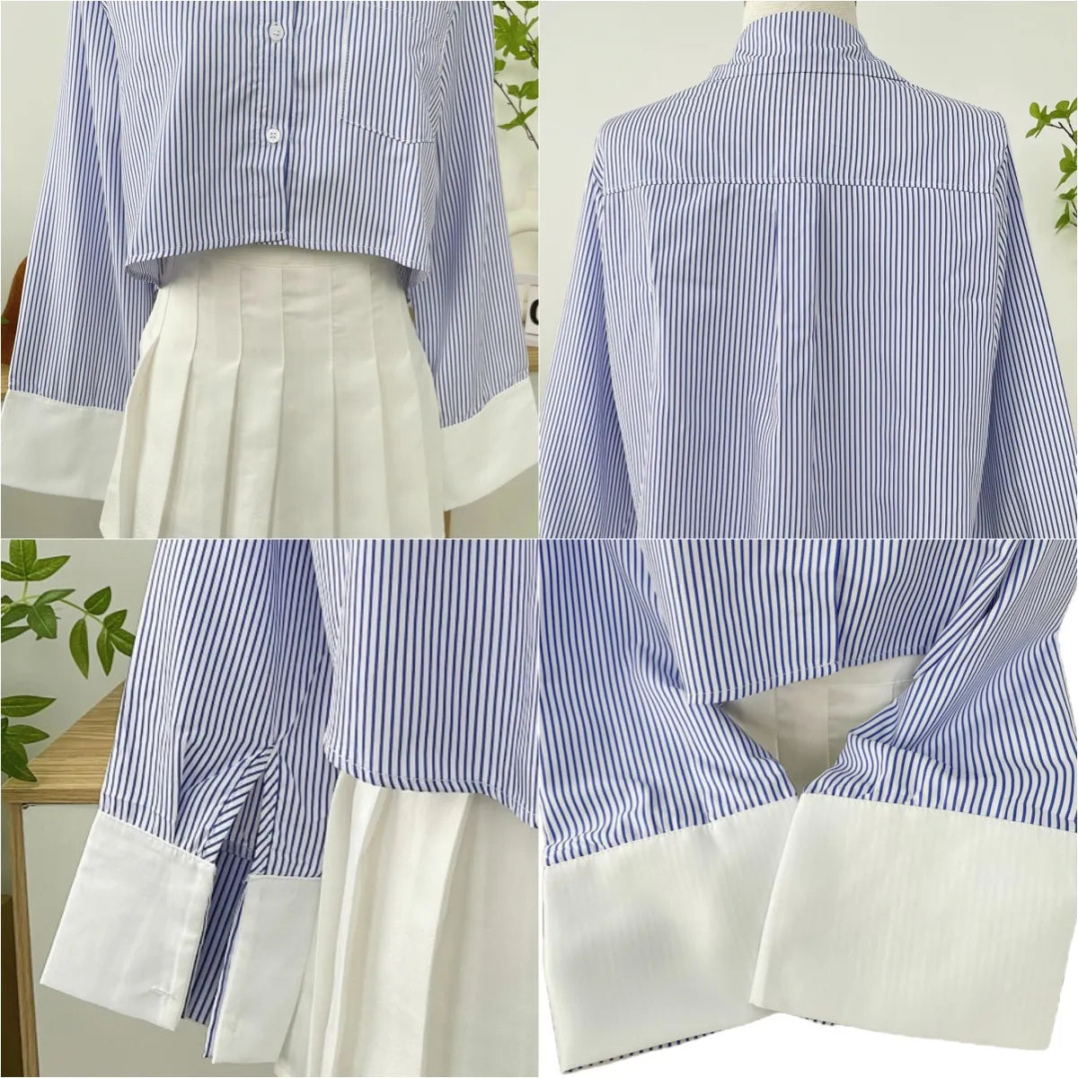 Korean Style Striped Crop Shirt for Women | Oversized Button-Up Long Sleeve Shirt with Asymmetric Hem