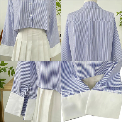 Korean Style Striped Crop Shirt for Women | Oversized Button-Up Long Sleeve Shirt with Asymmetric Hem