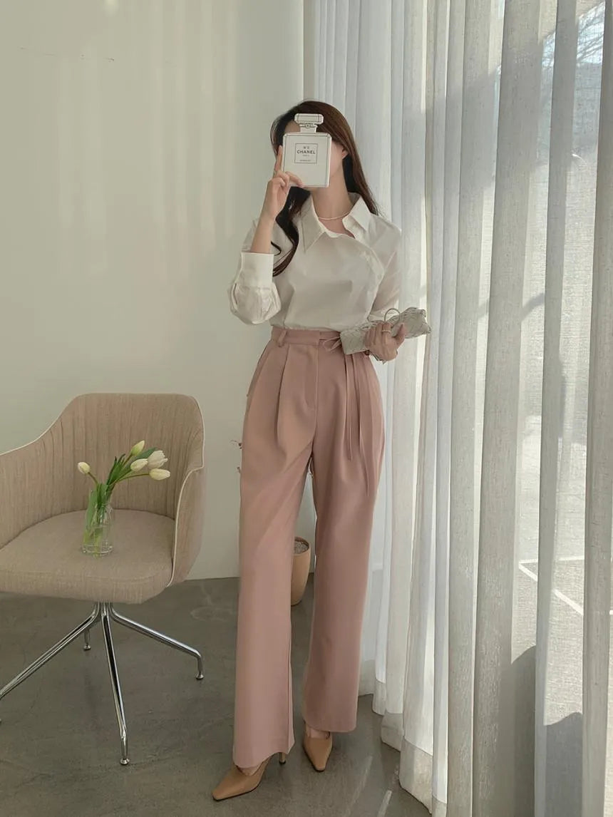 Korean Style Plaid Shirt for Women | Asymmetrical Button Long Sleeve Pastel Blouse | Light Blue Cotton Casual Top