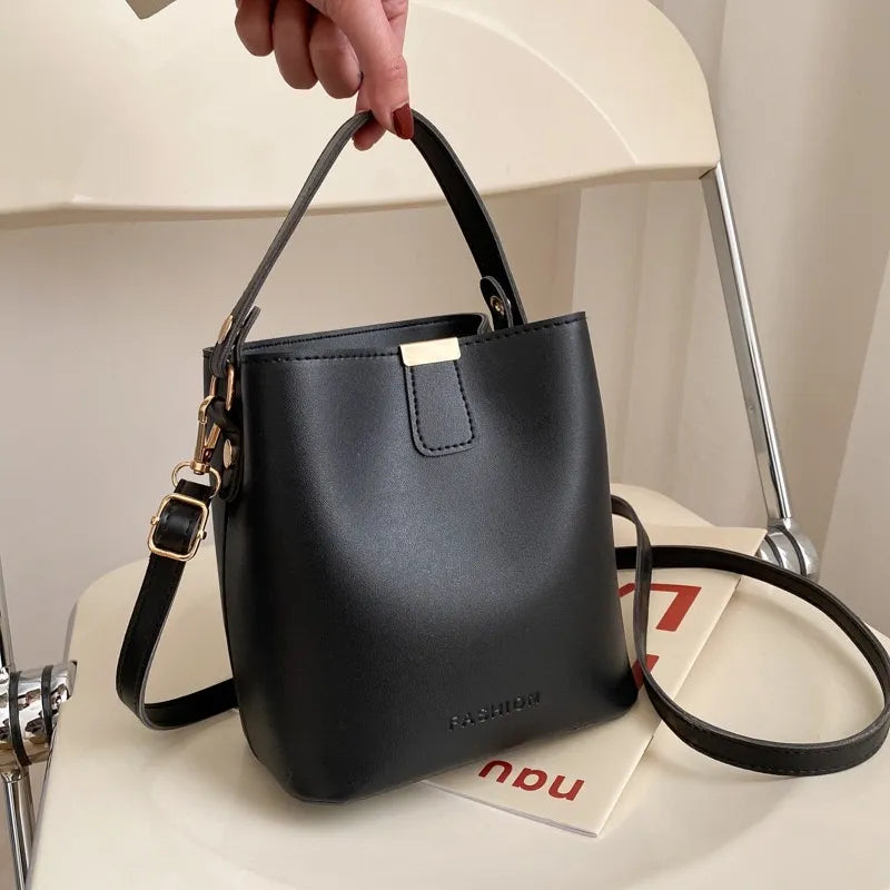 Trendy PU Leather Bucket Bag – Minimalist Shoulder, Crossbody & Handbag | Solid Color, Large Capacity