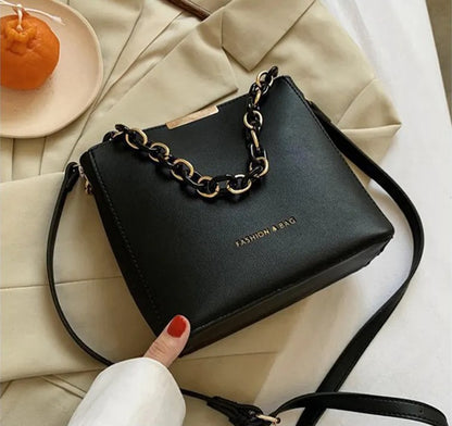 Trendy PU Leather Handbag with Gold Chain – Adjustable Shoulder Bag, Plain Solid Colors