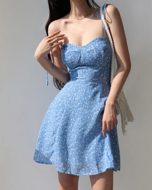 Floral A-Line Mini Dress with Tie-Straps – Sweet Summer Fit, Elastic Back & Spaghetti Sleeves