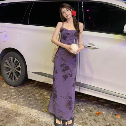 Elegant Purple Floral Maxi Dress for Vacation – Slim Fit Mesh Long Dress