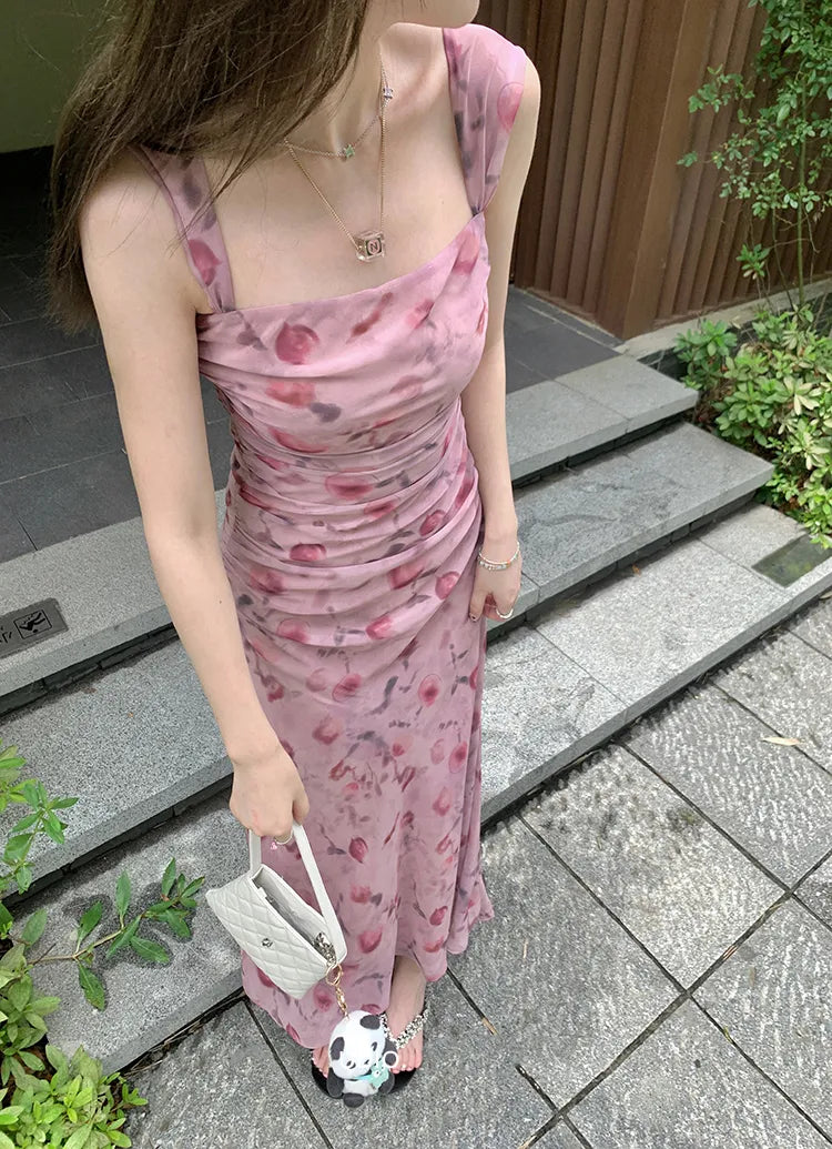 Pink Floral Strapless Midi Dress – Vintage-Inspired Pleated Summer Dress