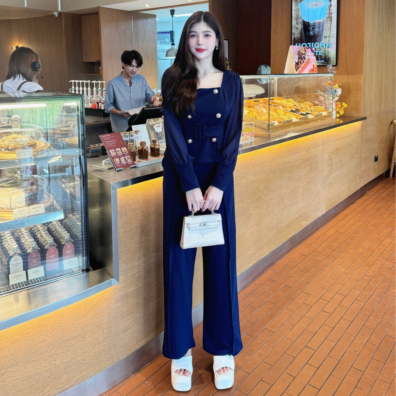Elegant Wool Wave Co-ord Set with Belted Square-Neck Top & Wide-Leg Pants | Chiffon Sleeve Two-Piece Outfit