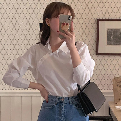 Korean Style Plaid Shirt for Women | Asymmetrical Button Long Sleeve Pastel Blouse | Light Blue Cotton Casual Top