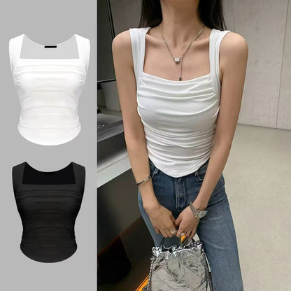 Women’s Sleeveless Ruched Tank Top with Pleated Hem & Square Neck | Casual Summer Fitted Top