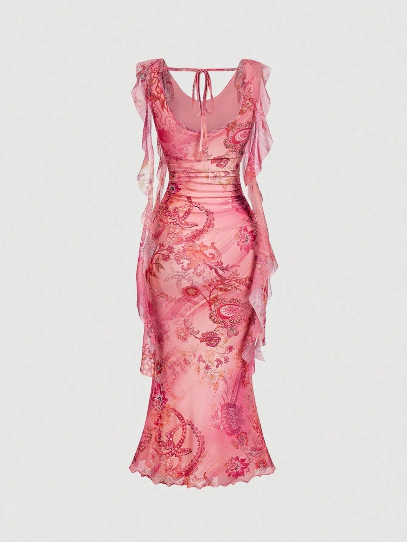 Fashzeo women's pink floral print midi dress with cowl neck, backless ruched design and ruffle trim detailing.