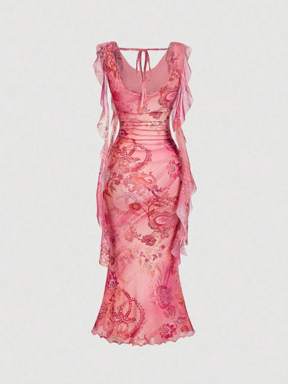 Fashzeo women's pink floral print midi dress with cowl neck, backless ruched design and ruffle trim detailing.
