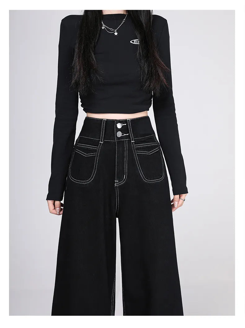 High Waist Black Wide-Leg Denim Jeans – Plus Size, Loose Fit, Y2K Street Style Pants