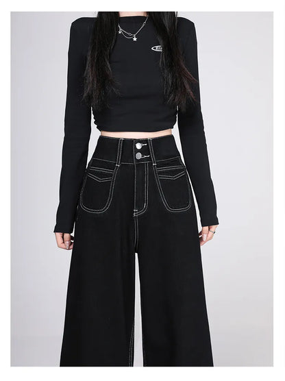 High Waist Black Wide-Leg Denim Jeans – Plus Size, Loose Fit, Y2K Street Style Pants