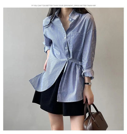 Chic Korean-Style Blue Striped Shirt for Women | Long Sleeve Button-Down with Back Slit | Trendy Casual Top