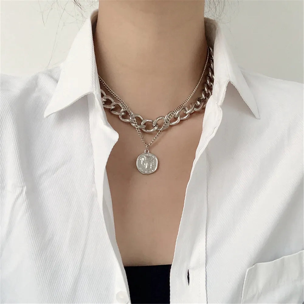 Hip Hop Coin Pendant Chain Necklace for Women – Adjustable Layered Punk Style in Gold & Silver Tone