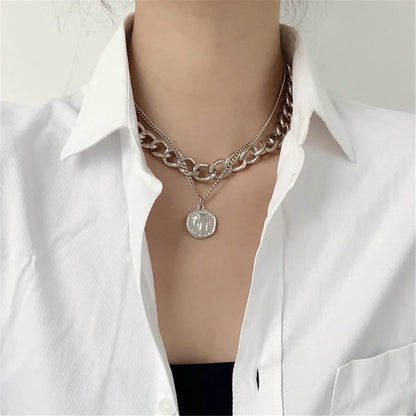 Hip Hop Coin Pendant Chain Necklace for Women – Adjustable Layered Punk Style in Gold & Silver Tone