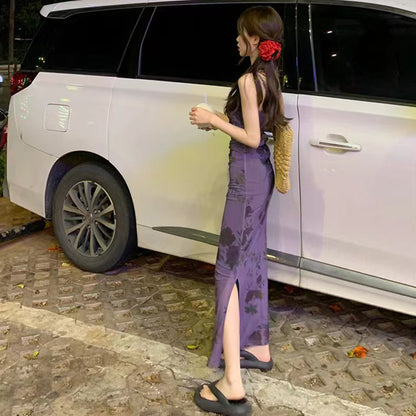 Elegant Purple Floral Maxi Dress for Vacation – Slim Fit Mesh Long Dress