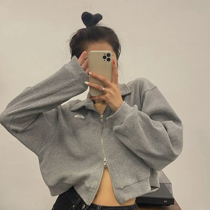 Waffle Knit Zipper Cardigan