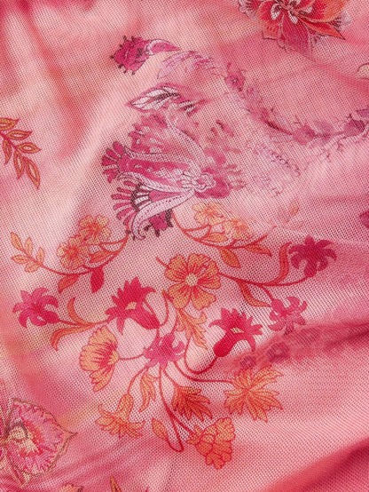 Fashzeo women's pink floral print midi dress with cowl neck, backless ruched design and ruffle trim detailing.