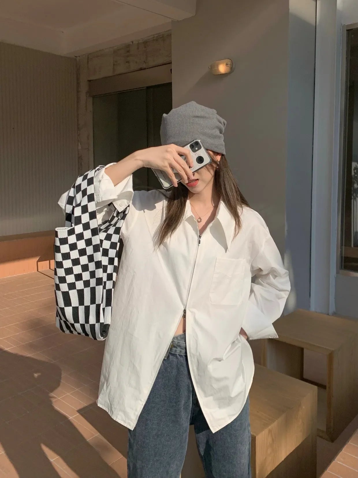 Korean Style Oversized Zipper Shirt for Women | Long Sleeve Minimalist Lapel Top | Trendy Look