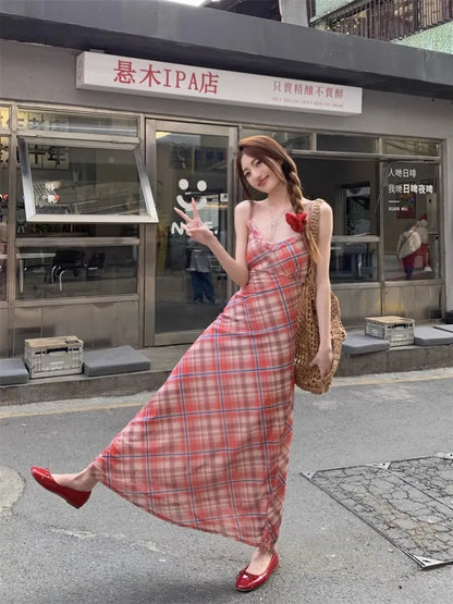 Korean Style Plaid Slip Dress – Long Casual Cami Dress with Plunge Neck & Sleeveless Fit