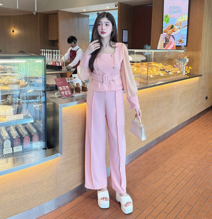 Elegant Wool Wave Co-ord Set with Belted Square-Neck Top & Wide-Leg Pants | Chiffon Sleeve Two-Piece Outfit
