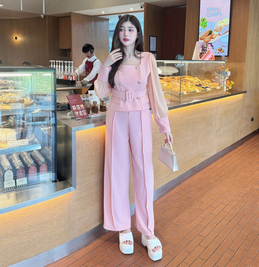 Elegant Wool Wave Co-ord Set with Belted Square-Neck Top & Wide-Leg Pants | Chiffon Sleeve Two-Piece Outfit