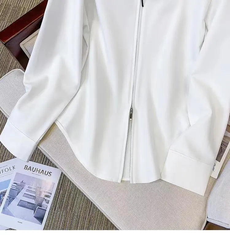 Korean Style Oversized Zipper Shirt for Women | Long Sleeve Minimalist Lapel Top | Trendy Look