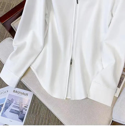 Korean Style Oversized Zipper Shirt for Women | Long Sleeve Minimalist Lapel Top | Trendy Look