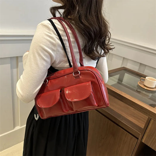 PU Leather Shoulder Handbag – Luxe Gloss Finish & Dual Front Pockets