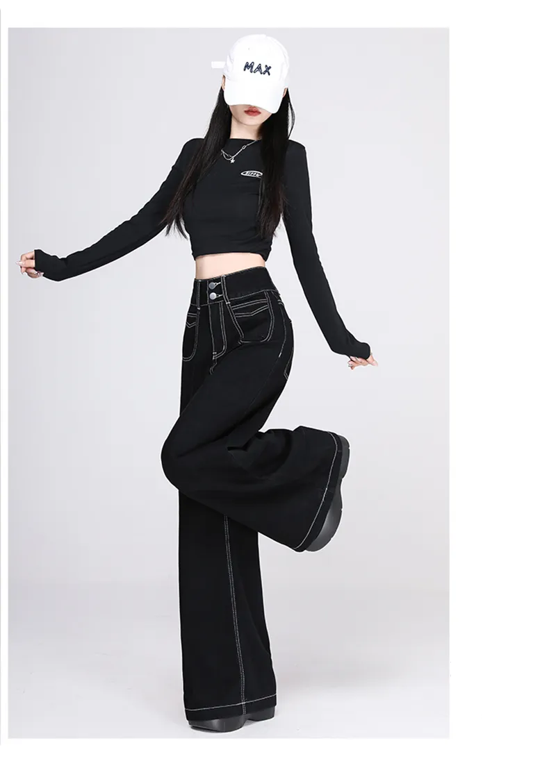 High Waist Black Wide-Leg Denim Jeans – Plus Size, Loose Fit, Y2K Street Style Pants