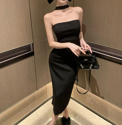 Elegant Black Strapless Maxi Dress with Back Bow & Slit – Sleeveless Empire Waist Formal Gown