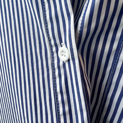 Chic Korean-Style Blue Striped Shirt for Women | Long Sleeve Button-Down with Back Slit | Trendy Casual Top