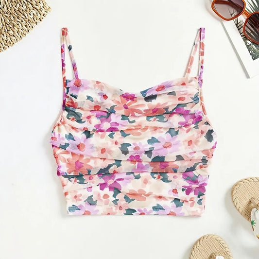Y2K Floral Mesh Strappy Crop Top for Women | Ruffled Square Neck Tank | Cute Summer Camisole