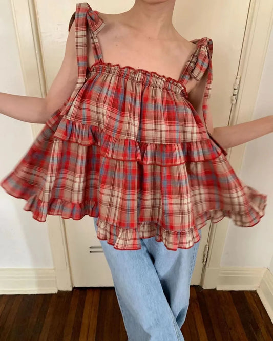 Trendy Korean Style Sleeveless Crop Top for Women | Red Checkered Off-Shoulder Summer Blouse | Casual Cute Aesthetic