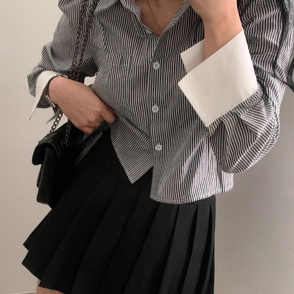 Korean Style Striped Crop Shirt for Women | Oversized Button-Up Long Sleeve Shirt with Asymmetric Hem