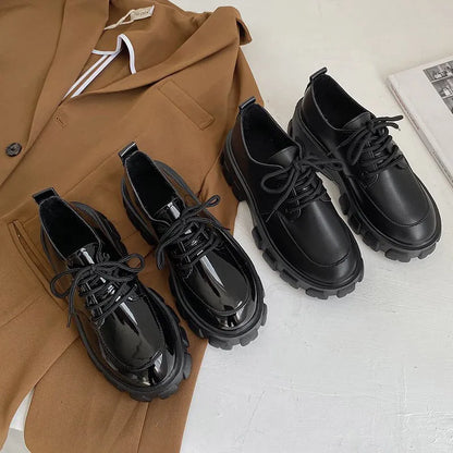 Chunky Platform PU Leather Lace-Up Shoes for Women – Mirror & Matte Black JK Style Loafers